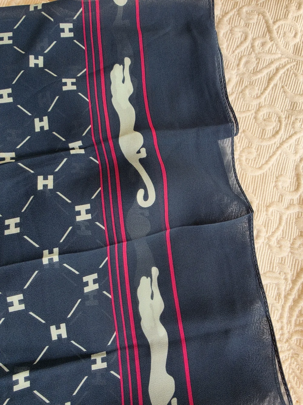 Effy Navy Blue Scarf with Pink Trim and White Motif